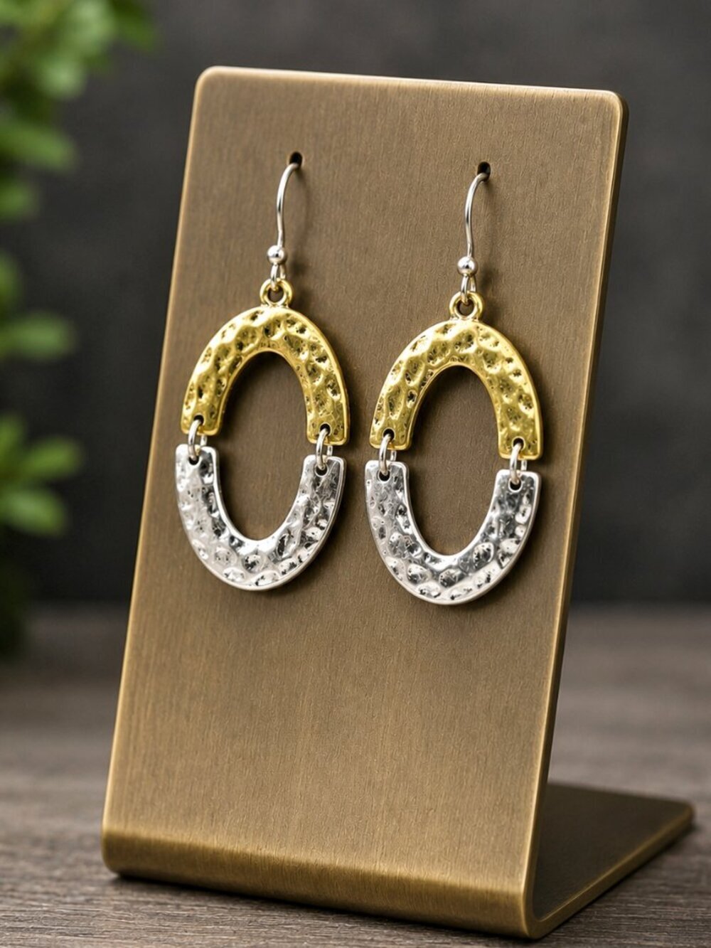 Two Tone Gold and Silver Oval Drop Earrings - Picture 5 of 6